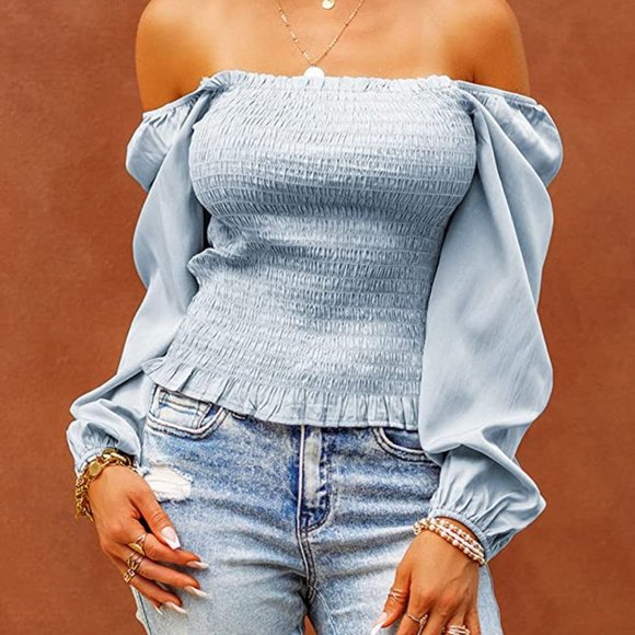 Women Puff Long Sleeve Square Neck Tops Off The Shoulder Floral Ladies Tops and